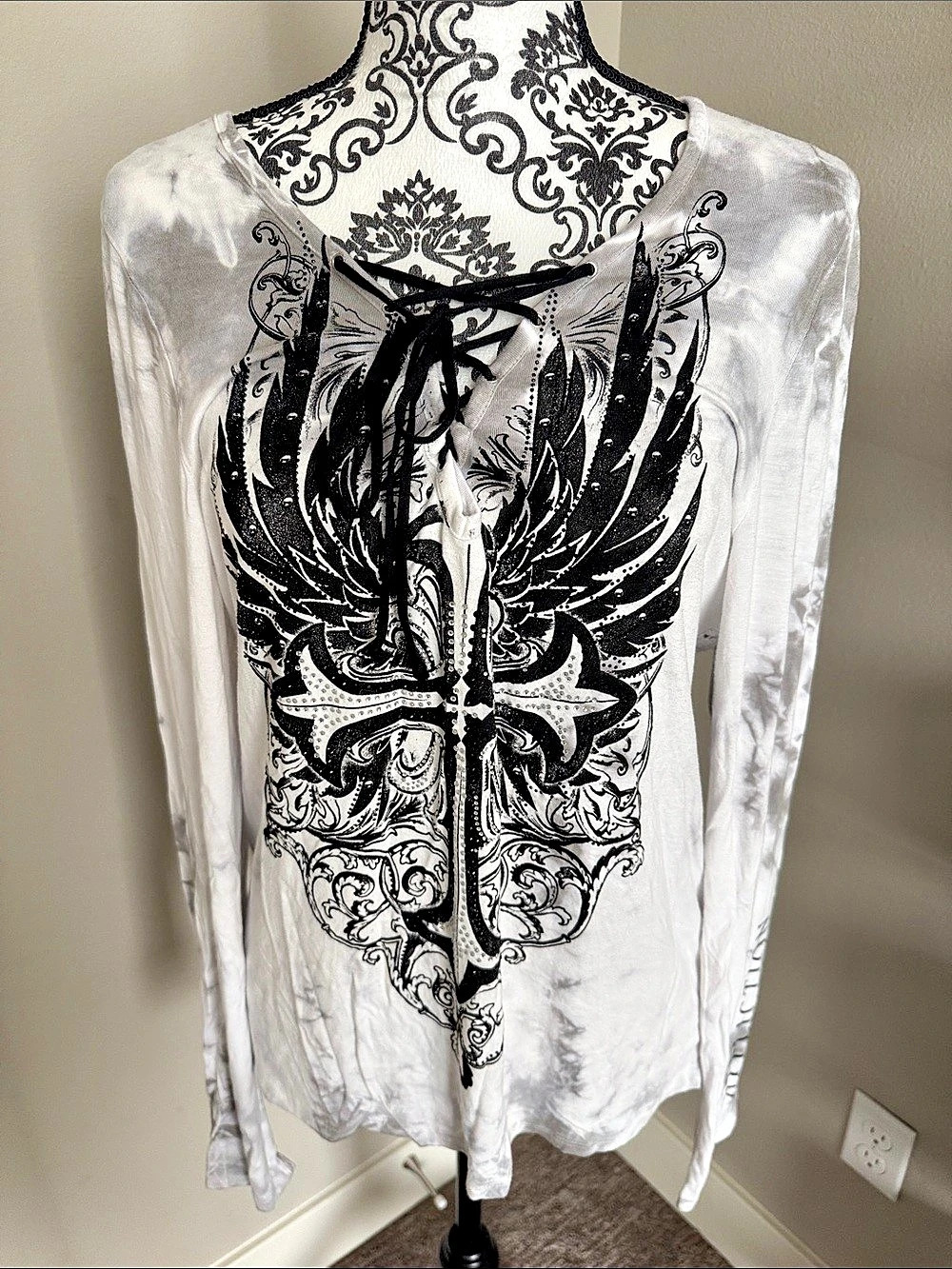Affliction Women's Lace-Up Graphic Tunic White & Black Like New